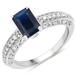 1.55 Carat Genuine Blue Sapphire and White Diamond 14K White Gold Ring (I Color, SI Clarity)