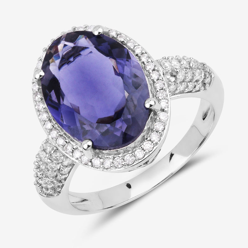 4.41 Carat Genuine Iolite and White Diamond 14K White Gold Ring