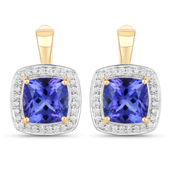 5.95 Carat Genuine Tanzanite and White Diamond 14K Yellow Gold Earrings