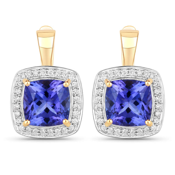 5.95 Carat Genuine Tanzanite and White Diamond 14K Yellow Gold Earrings