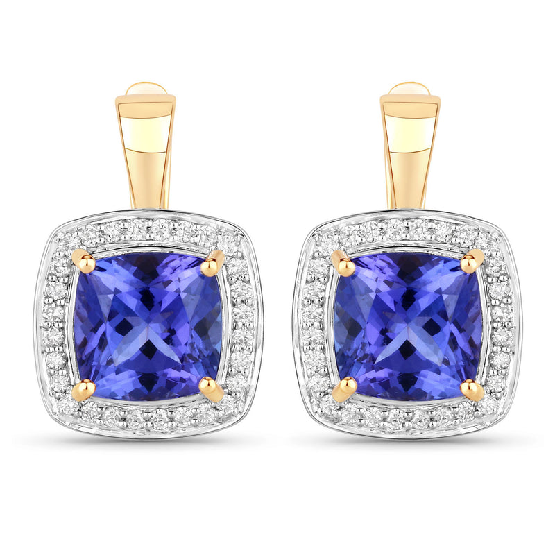 5.95 Carat Genuine Tanzanite and White Diamond 14K Yellow Gold Earrings