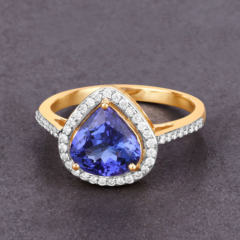 2.30 Carat Genuine Tanzanite and White Diamond 14K Yellow Gold Ring