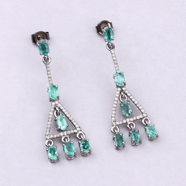 3.05 Carat Genuine Emerald and White Diamond .925 Sterling Silver Earrings