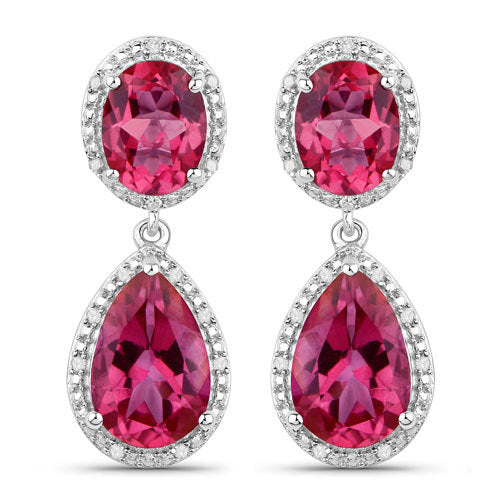 11.35 Carat Genuine Pink Topaz and White Diamond .925 Sterling Silver Earrings