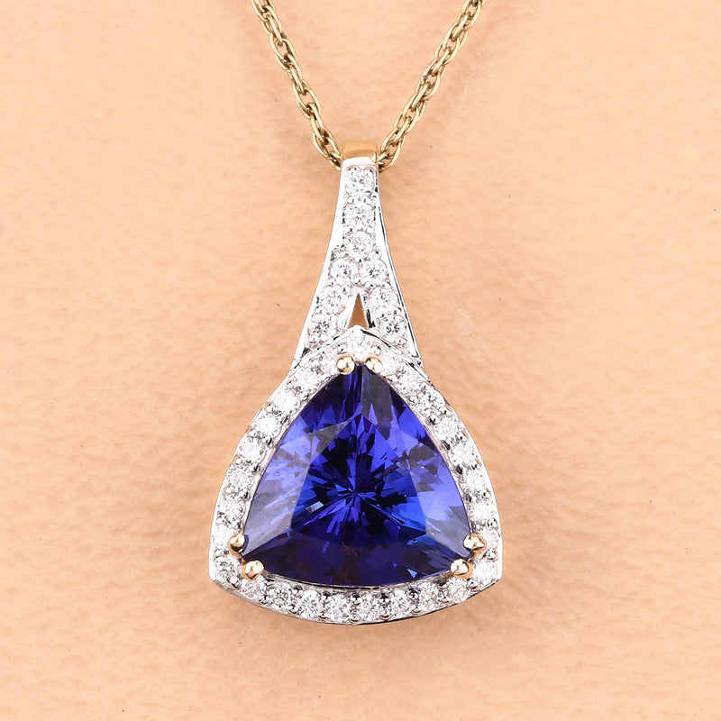 2.64 Carat Genuine Tanzanite and White Diamond 14K Yellow Gold Pendant