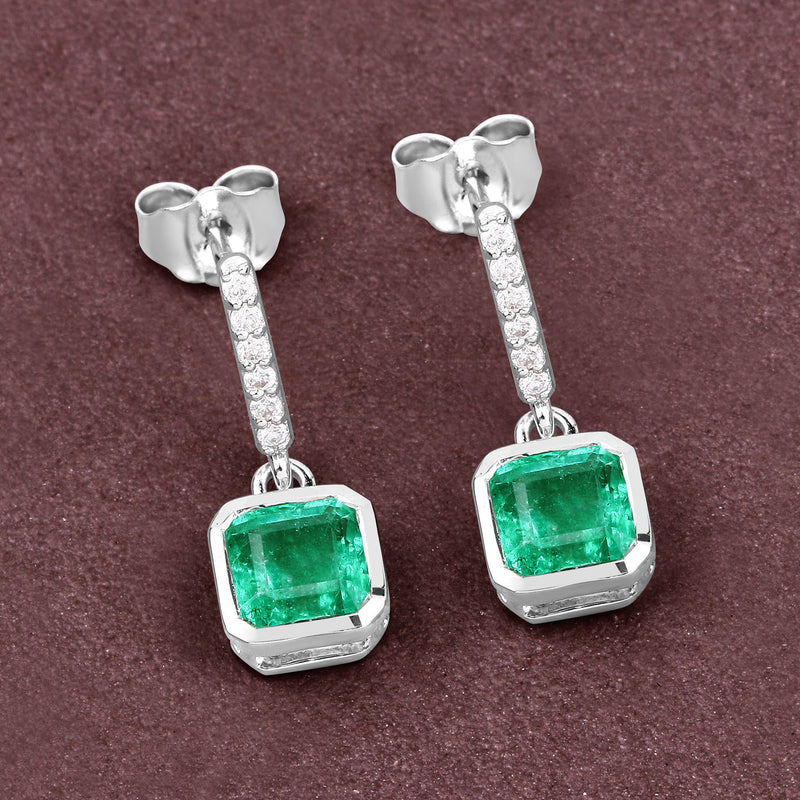 1.48 Carat Genuine Emerald and White Diamond 14K White Gold Earrings