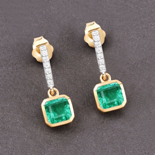 1.98 Carat Genuine Emerald and White Diamond 14K Yellow Gold Earrings