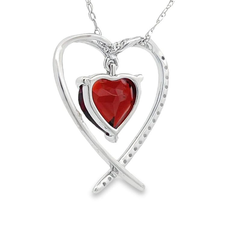 Garnet Diamond Heart Love Pendant 14KT White Gold