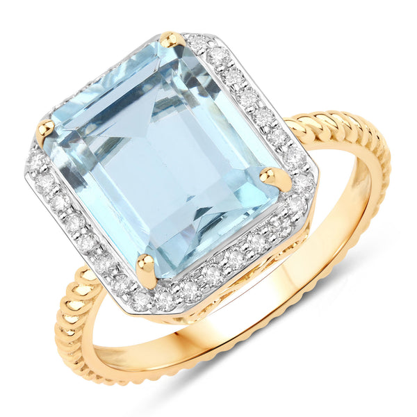 4.13 Carat Genuine Aquamarine and White Diamond 14K Yellow Gold Ring