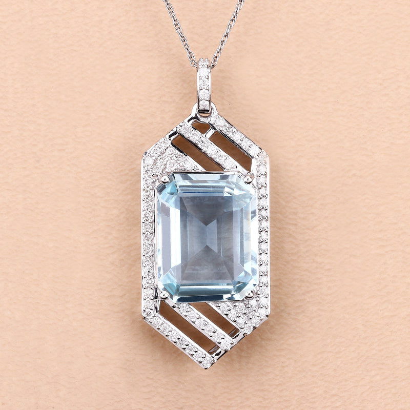 8.65 Carat Genuine Aquamarine and White Diamond 14K White Gold Pendant