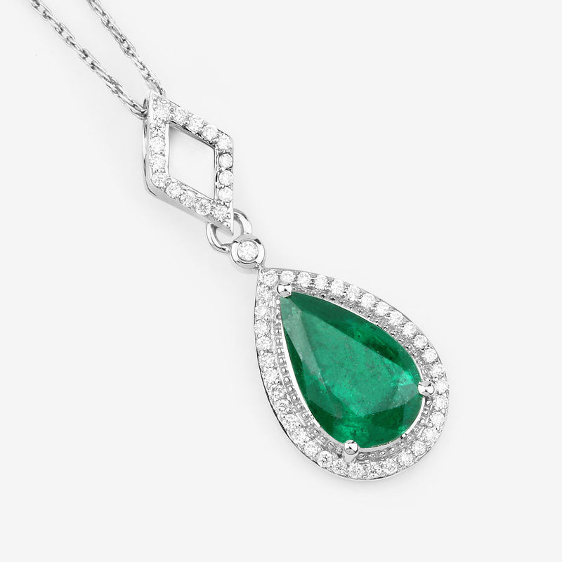 IGI Certified 1.81 Carat Genuine Zambian Emerald and White Diamond 14K White Gold Pendant