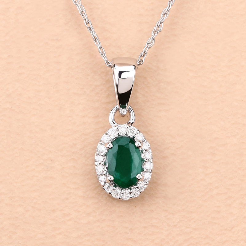 0.81 Carat Genuine Zambian Emerald and White Diamond 14K White Gold Pendant