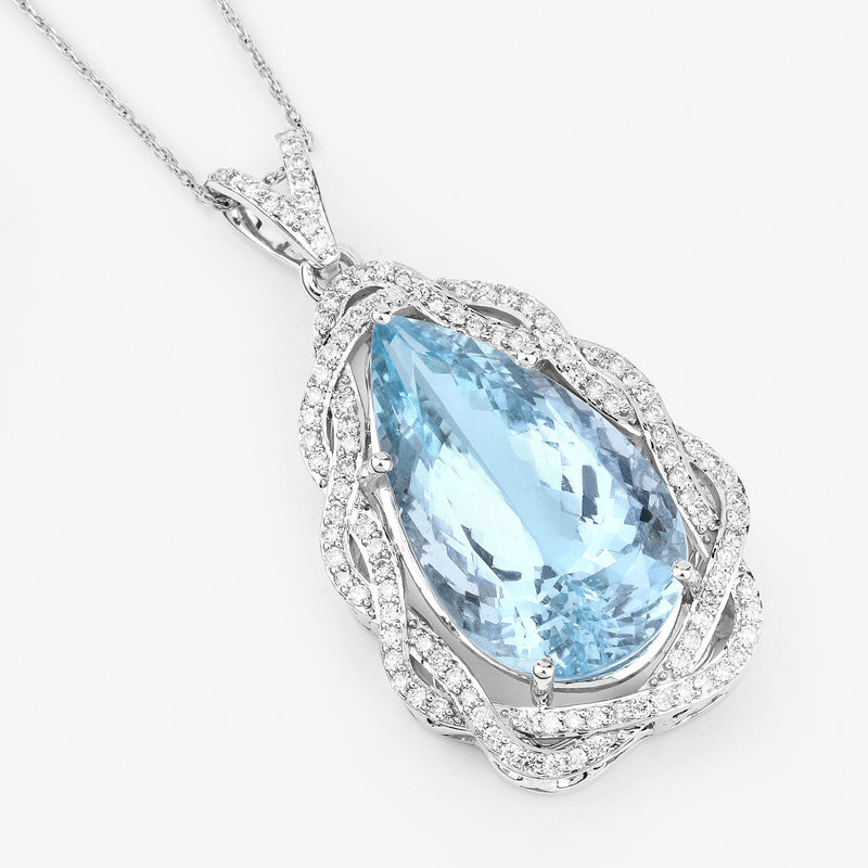 11.90 Carat Genuine Aquamarine and White Diamond 14K White Gold Pendant