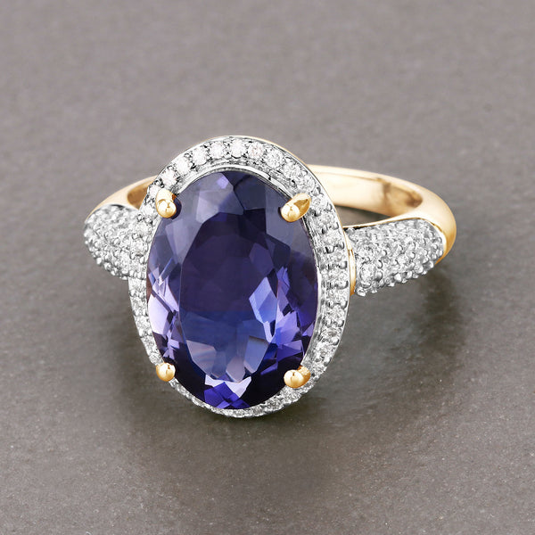 4.41 Carat Genuine Iolite and White Diamond 14K Yellow Gold Ring