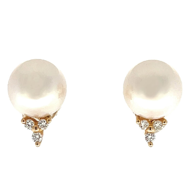 .12ct FW Pearl Diamond Stud Earrings 14KT Yellow Gold