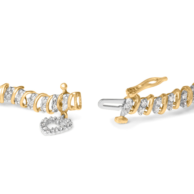 10K Yellow Gold 2.0 Cttw Diamond 2 Row Link and Heart Charm 7" Link Bracelet (I-J Color, I3 Clarity)