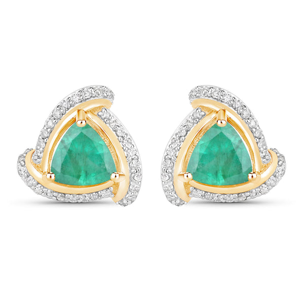 1.23 Carat Genuine Zambian Emerald and White Diamond 14K Yellow Gold Earrings