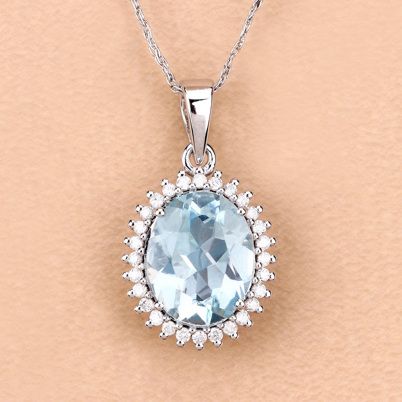 2.81 Carat Genuine Aquamarine and White Diamond 14K White Gold Pendant