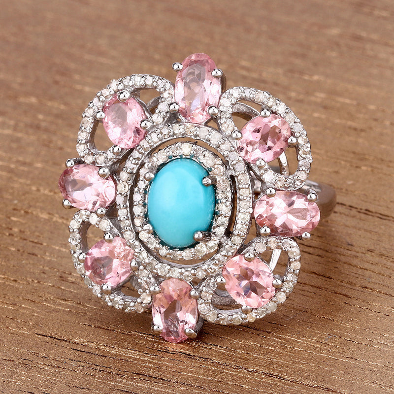 5.00 Carat Genuine Pink Tourmaline, Turquoise and White Diamond .925 Sterling Silver Ring