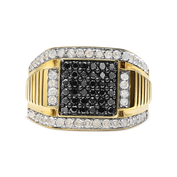 Men's 14K Yellow Gold Plated .925 Sterling Silver 1 1/2 Cttw White and Black Treated Diamond Cluster Ring (Black / I-J Color, I2-I3 Clarity) - Size 10