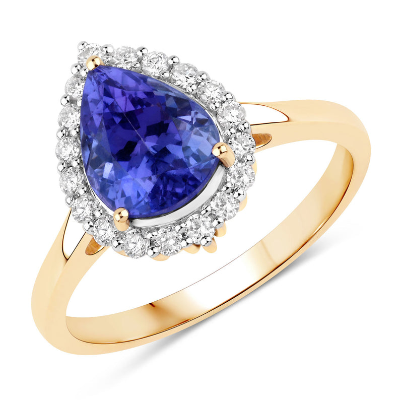 2.38 Carat Genuine Tanzanite and White Diamond 14K Yellow Gold Ring