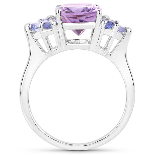 14K White Gold Plated 3.44 Carat Genuine Amethyst and Tanzanite .925 Sterling Silver Ring