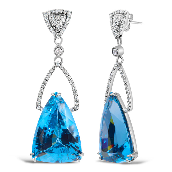 14K White Gold Earrings 4/5 Cttw Diamond and 18x11 MM Trillion Cut Blue Topaz Drop and Dangle Earrings (F-G Color, VS2-SI1 Clarity)