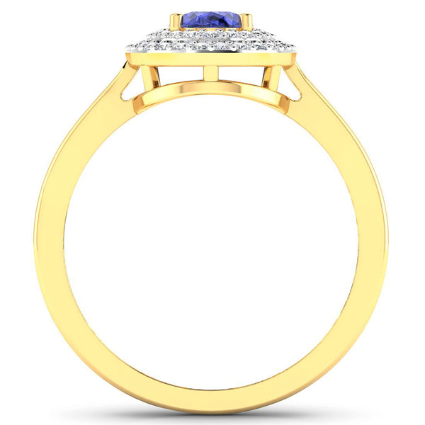 0.91 Carat Genuine Tanzanite and White Diamond 14K Yellow Gold Ring