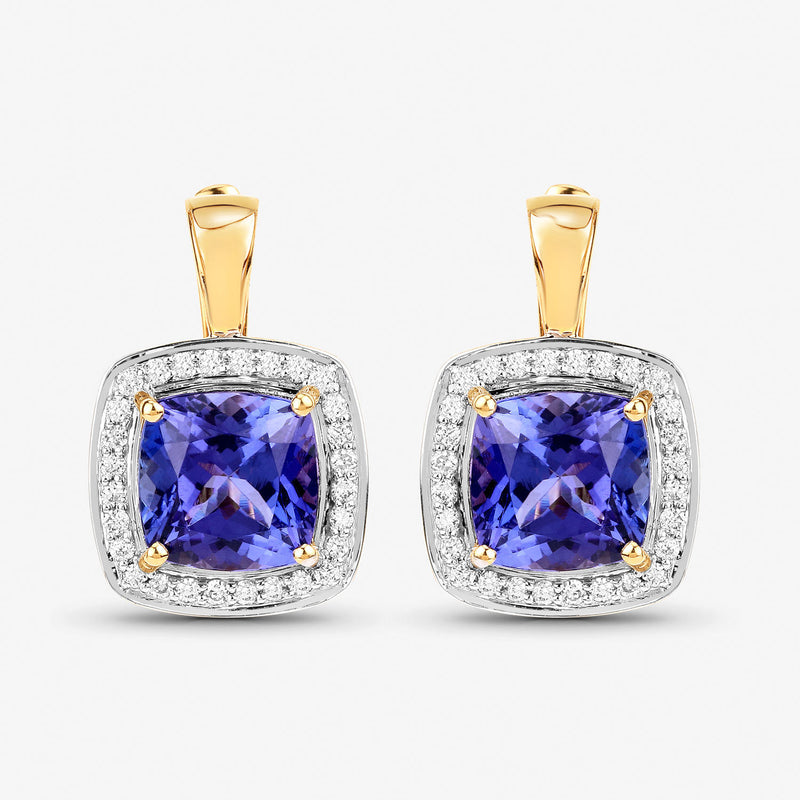 5.95 Carat Genuine Tanzanite and White Diamond 14K Yellow Gold Earrings