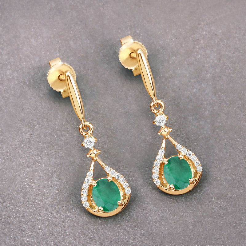 0.70 Carat Genuine Zambian Emerald and White Diamond 14K Yellow Gold Earrings