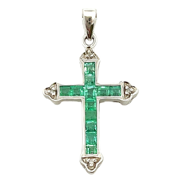 Emerald Diamond Cross Religious Pendant 10KT White Gold