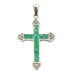 Emerald Diamond Cross Religious Pendant 10KT White Gold