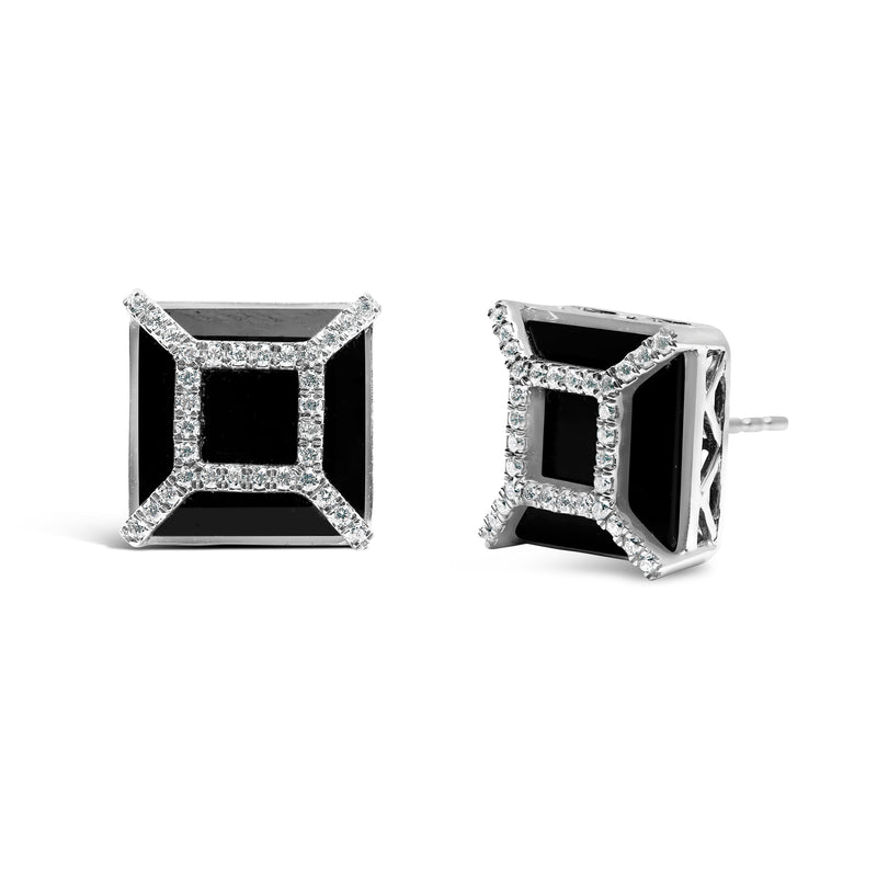 14K White Gold 3/8ct Diamond with 11x11MM Black Onyx Stud Earrings (G-H Color, SI1-SI2 Clarity)