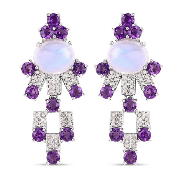 16.70 Carat Genuine Amethyst, Rainbow and White Diamond .925 Sterling Silver Earrings