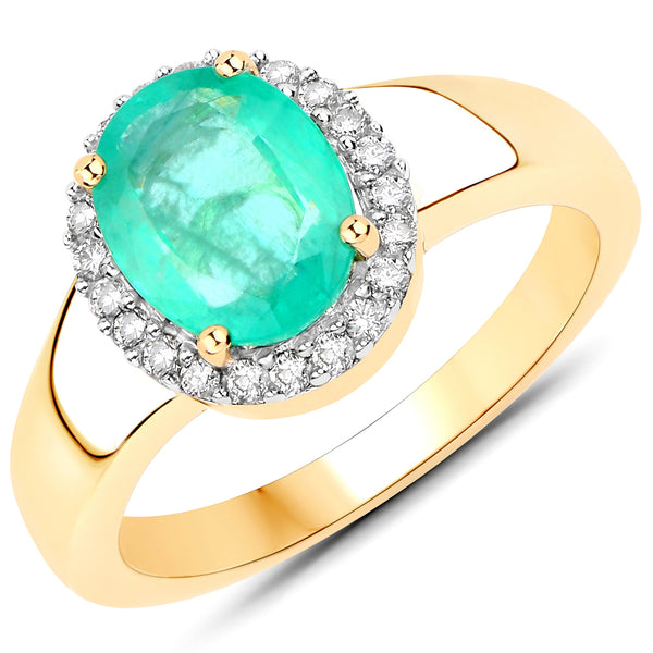 1.87 Carat Genuine Zambian Emerald and White Diamond 14K Yellow Gold Ring