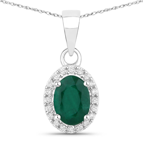 0.83 Carat Genuine Zambian Emerald and White Diamond 14K White Gold Pendant