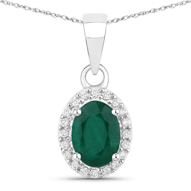 0.83 Carat Genuine Zambian Emerald and White Diamond 14K White Gold Pendant