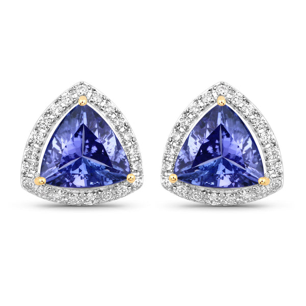 3.82 Carat Genuine Tanzanite and White Diamond 14K Yellow Gold Earrings