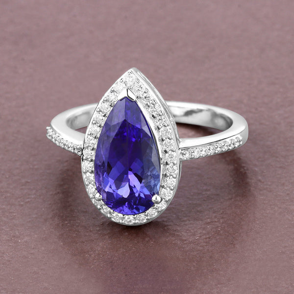 2.98 Carat Genuine Tanzanite and White Diamond 14K White Gold Ring