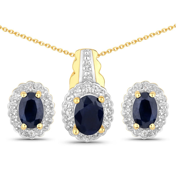 1.96 Carat Genuine Black Blue Sapphire and White Topaz .925 Sterling Silver Jewelry Set