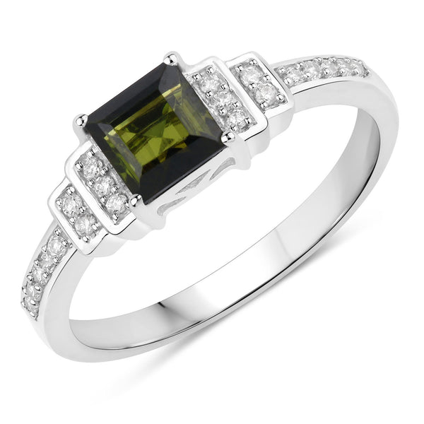 0.72 Carat Genuine Green Tourmaline and White Diamond 14K White Gold Ring