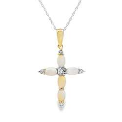 Opal Diamond Cross Religious Pendant 10KT Yellow Gold