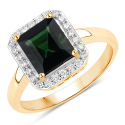 3.02 Carat Genuine Green Tourmaline and White Diamond 14K Yellow Gold Ring