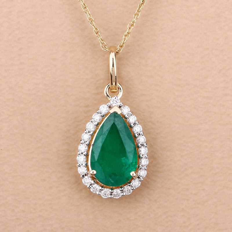 IGI Certified 1.82 Carat Genuine Zambian Emerald and White Diamond 14K Yellow Gold Pendant