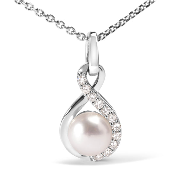 .925 Sterling Silver 6.0 MM Freshwater Cultured Pearl and Diamond Accent Infinity Swirl 18" Pendant Necklace (I-J color, I3 Clarity)