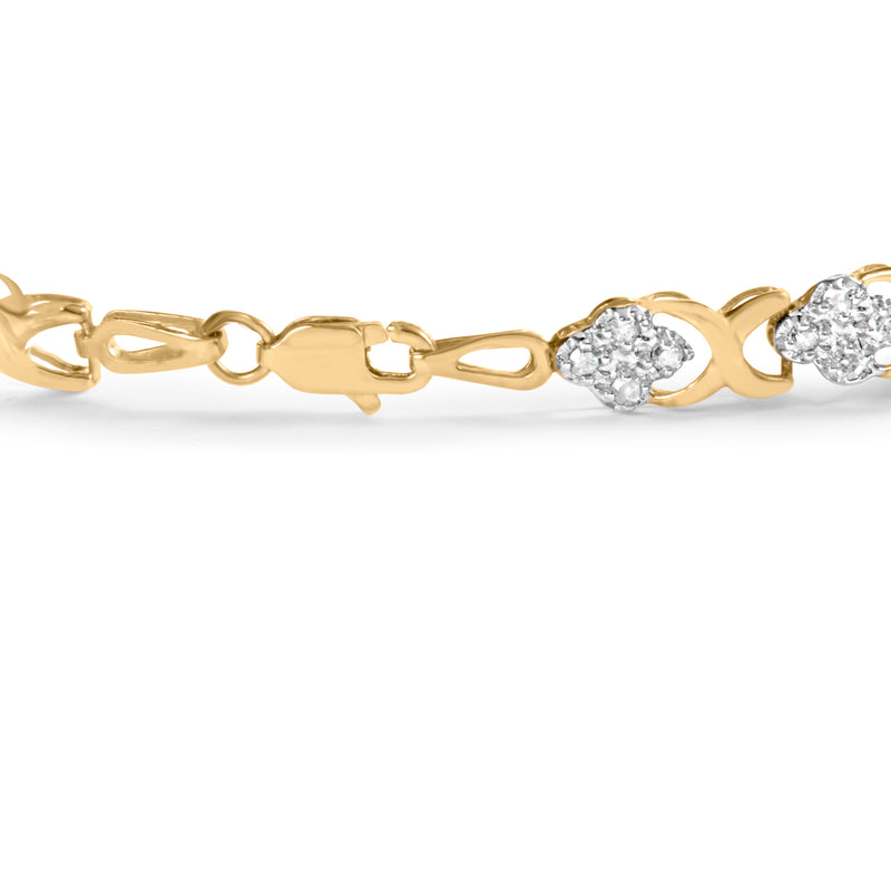 10K Yellow Gold 1.00 Cttw Diamond 5 Stone Floral Cluster and "X" Link 7" Bracelet (I-J Color, I3 Clarity)