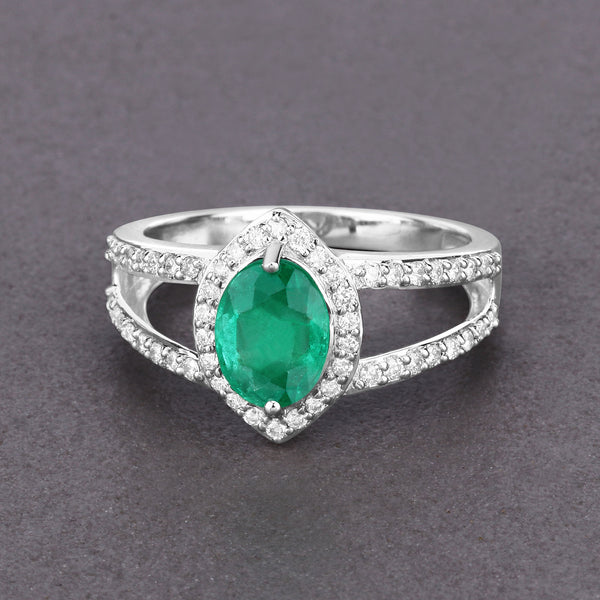 1.62 Carat Genuine Zambian Emerald and White Diamond 14K White Gold Ring