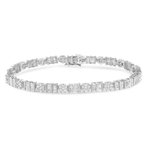 14K White and Yellow Gold 3-3/8 Cttw Round & Baguette-Cut Diamond Cluster Two Tone Alternating Station 7" Tennis Bracelet (H-I Color, I1-I2 Clarity)