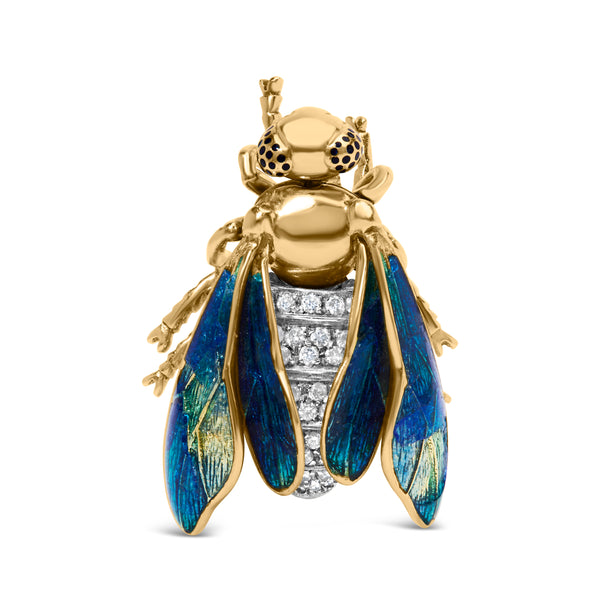 18K Yellow Gold 1/2 Cttw Pave Set Diamond and Blue-Green Enamel Bumblebee Brooch Pin (F-G Color, VS1-VS2 Clarity)