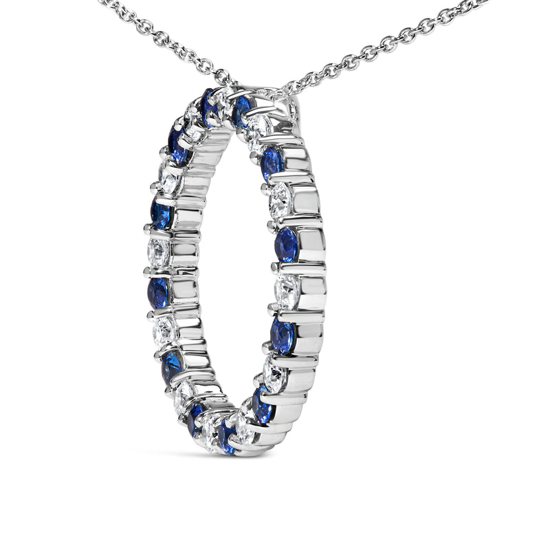 14K White Gold 2 3/5 Cttw Alternating White Diamond and Blue Sapphire Eternity Circle 18" Pendant Necklace (I-J Color, SI1-SI2 Clarity)